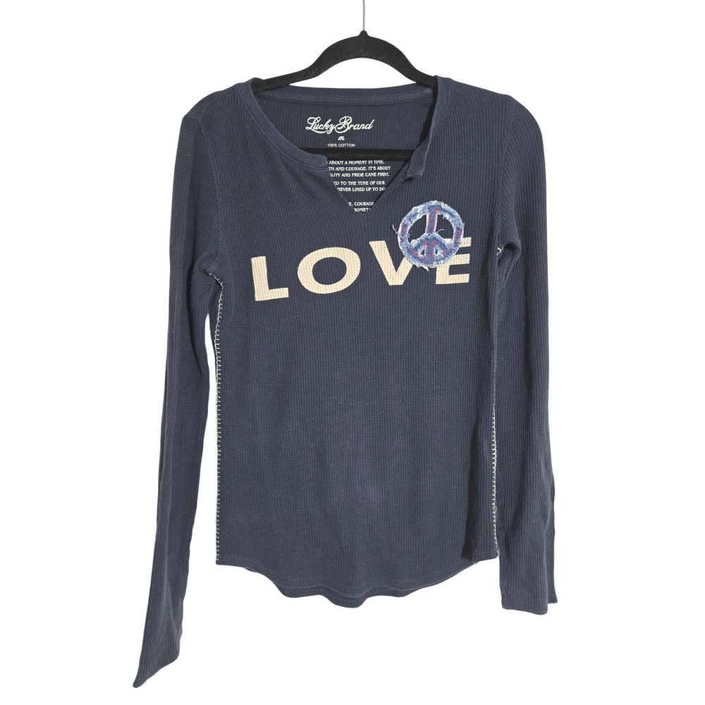 Y2K Vintage Lucky Brand M Thermal Henley Womens Love Graphic Peace Sign Top